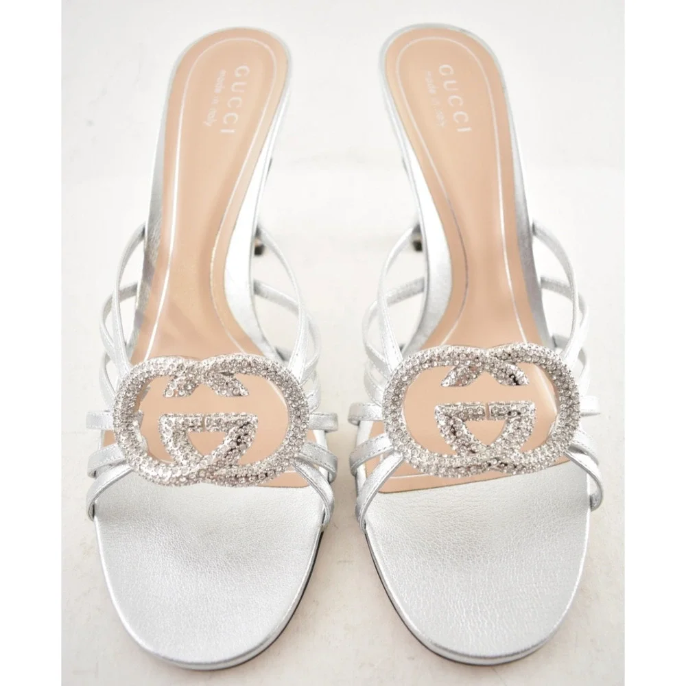 Gucci Interlocking G 85mm Silver Leather Crystal GG Logo Heel Mule Sandal 42
